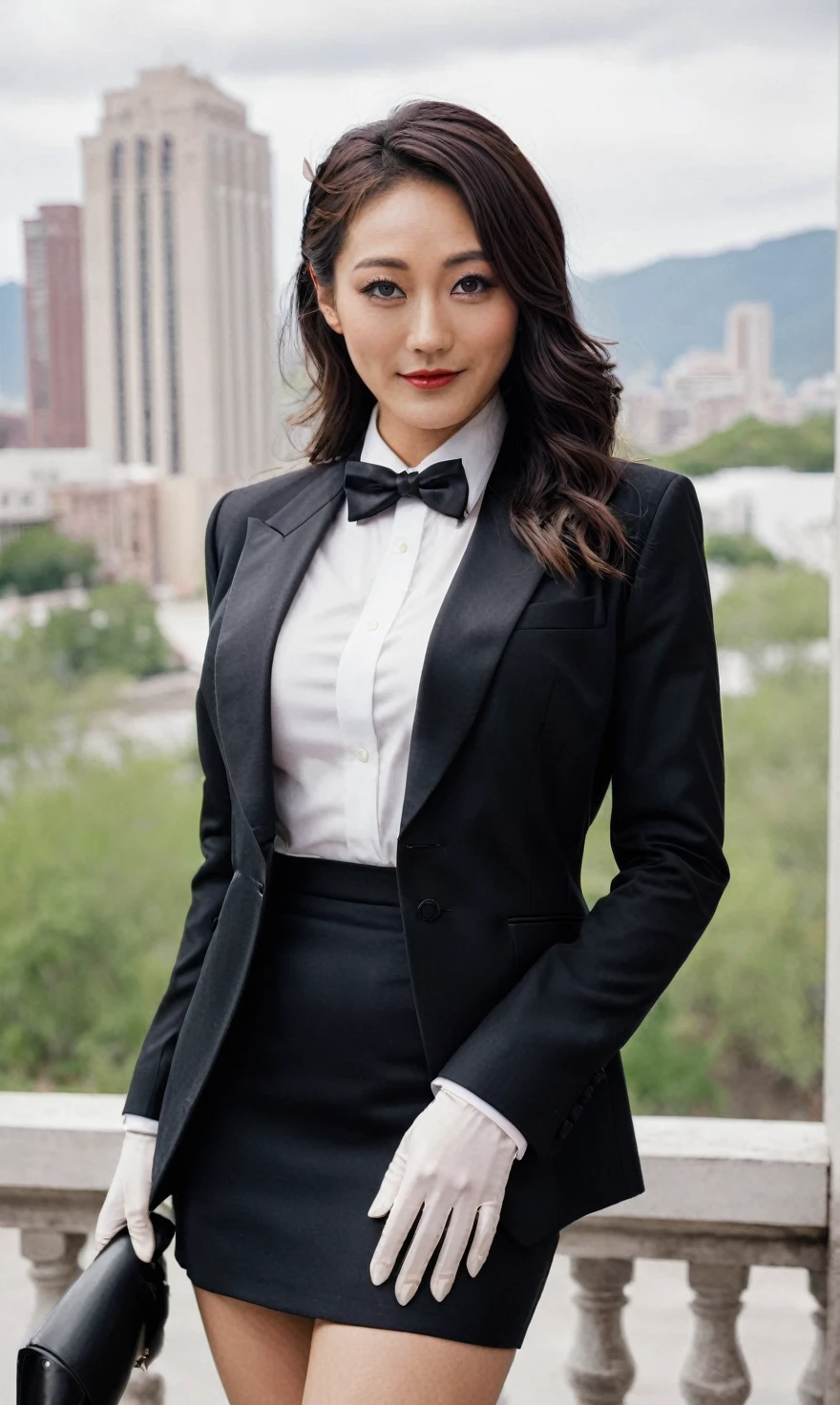 a beautiful picture of fukuharaXL ,woman,detailed skin texture,masterpiece, photorealistic, light, RAW color photo,(fully in frame:1.1), (blush:0.5), (goosebumps:0.5),(((black silk skirt suit))), (((three-piece suit))), (((tuxedo))), (((dress shirt))), (((black bowtie))), (((black blazer))), (((dinner jacket))), ((waistcoat)), double-breasted waistcoat, (((bodycon miniskirt))), pocket square, cufflinks, white gloves,detailed face,outdoors, (smile:0.5), film grain,cinematic lightning,fujifilm ,detailed eyes,camera, smile, office background, hair down, makeup, lipstick, mascara, eyeliner, eyeshadow, silky glossy hair, high heels, pinup pose, slender figure