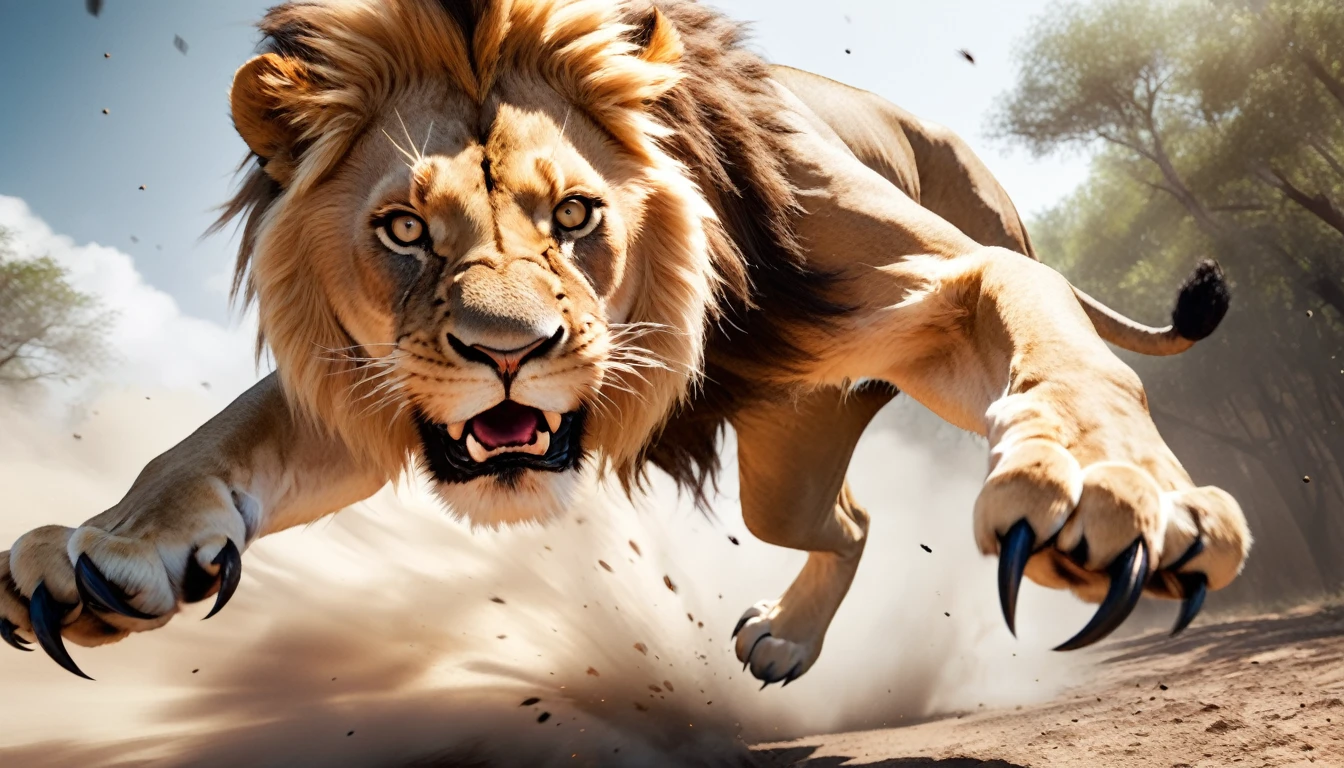 Realistic photos, RAW Photos, lion, attacks viewer, Powerful movements, jump on prey, ((Dynamic jump)), Sharp Claws, lion approaching from above, sudden approach, Bad-tempered, dynamic Shot from grand