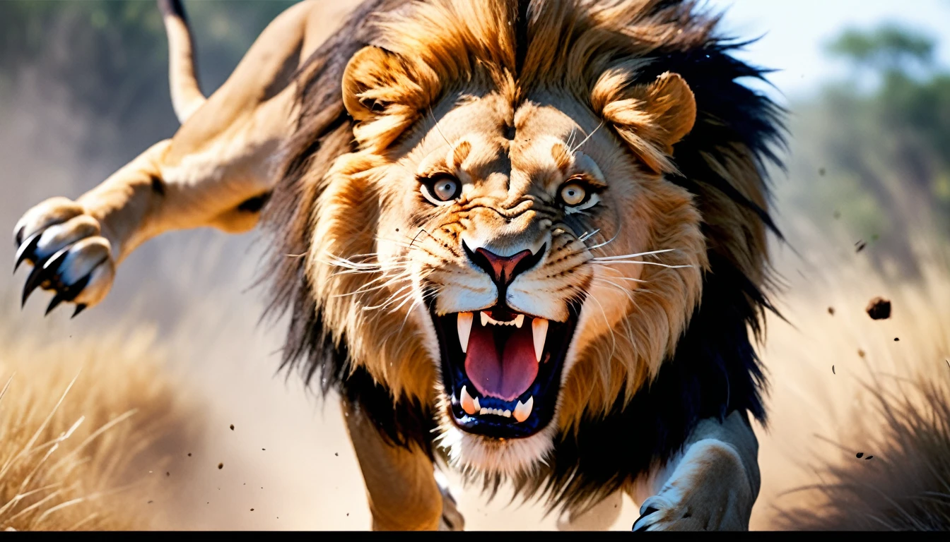 Realistic photos, RAW Photos, lion, attacks viewer, Powerful movements, jump on prey, ((Dynamic jump)), Sharp Claws, lion approaching from above, sudden approach, Bad-tempered, dynamic Shot from grand