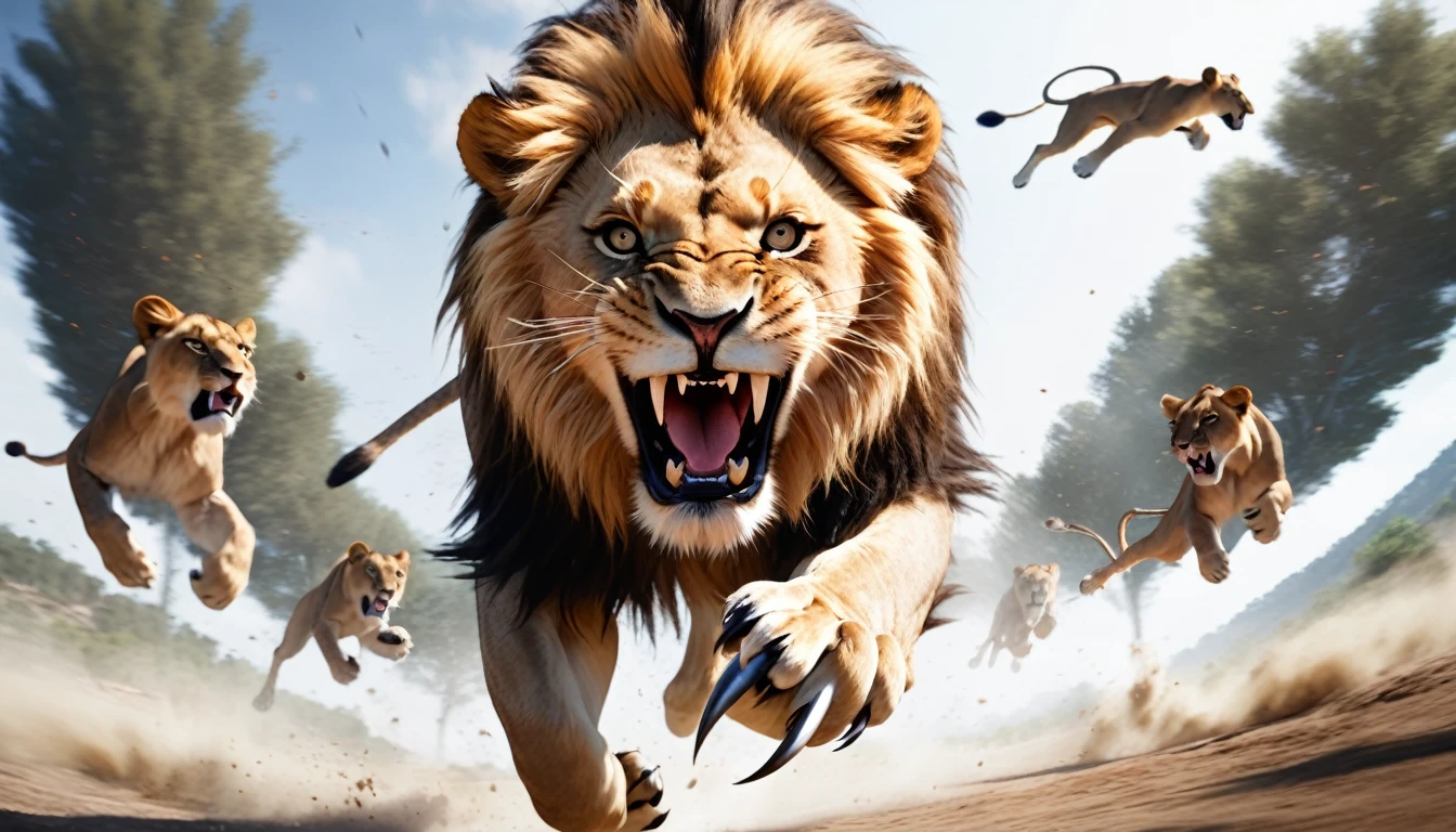 Realistic photos, RAW Photos, lion, attacks viewer, Powerful movements, jump on prey, ((Dynamic jump)), Sharp Claws, lion approaching from above, sudden approach, Bad-tempered, dynamic Shot from grand
