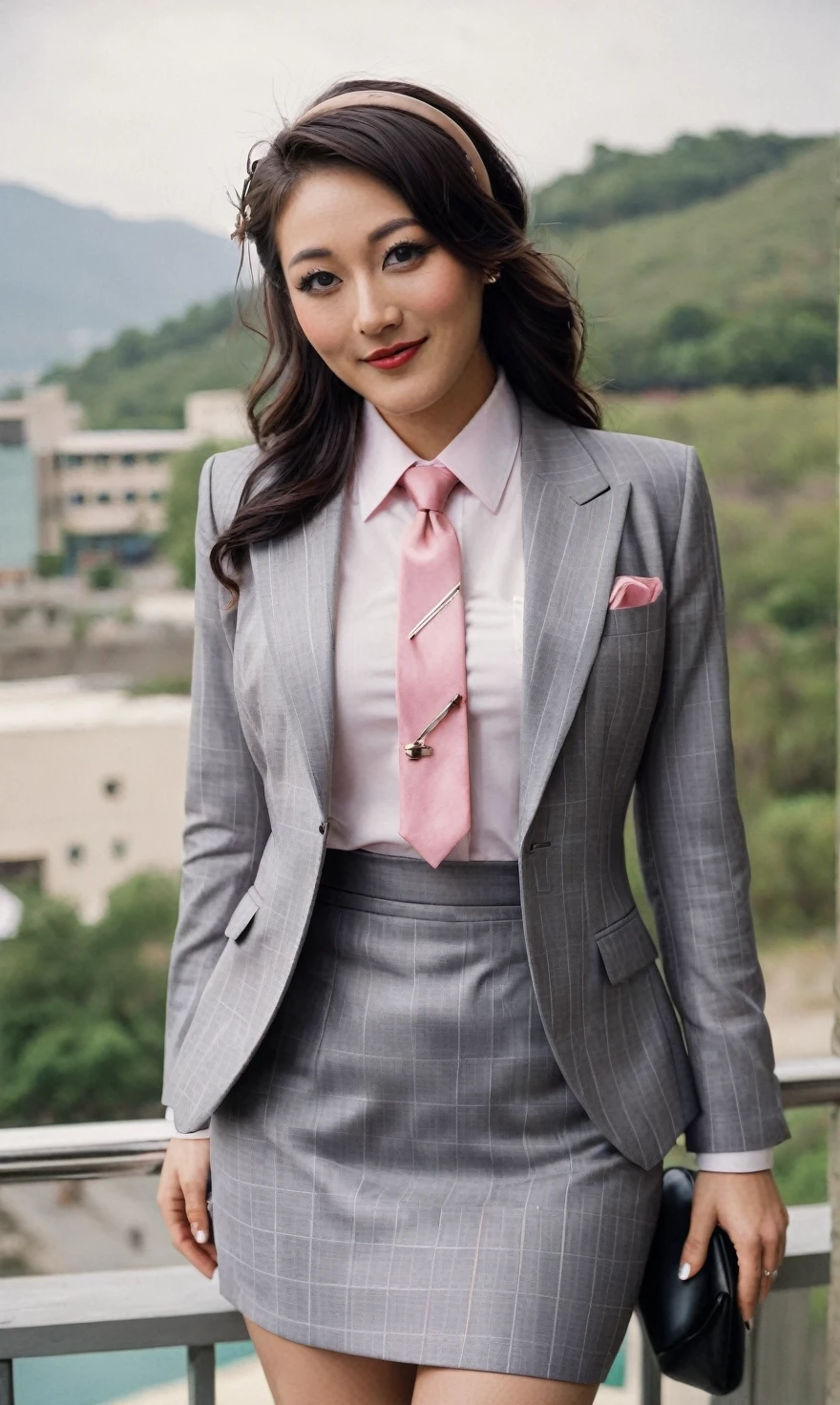 a beautiful picture of fukuharaXL ,woman,detailed skin texture,masterpiece, photorealistic, light, RAW color photo,(fully in frame:1.1), (blush:0.5), (goosebumps:0.5),(((light grey plaid silk skirt suit))), (((three-piece suit))), (((pink dress shirt with white collar))), contrast shirt collar, (((pink necktie))), (((blazer))), (((suit jacket))), (((waistcoat))), double-breasted waistcoat, (((bodycon miniskirt))), pocket square, cufflinks, tie clip,detailed face,outdoors, (smile:0.5), film grain,cinematic lightning,fujifilm ,detailed eyes,camera, smile, office background, hair down, makeup, lipstick, mascara, eyeliner, eyeshadow, silky glossy hair, high heels, pinup pose, hairband