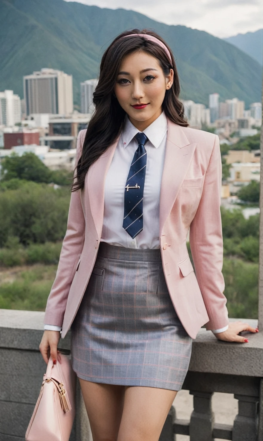 a beautiful picture of fukuharaXL ,woman,detailed skin texture,masterpiece, photorealistic, light, RAW color photo,(fully in frame:1.1), (blush:0.5), (goosebumps:0.5),(((light grey plaid silk skirt suit))), (((three-piece suit))), (((pink dress shirt with white collar))), contrast shirt collar, (((pink necktie))), (((blazer))), (((suit jacket))), (((waistcoat))), double-breasted waistcoat, (((bodycon miniskirt))), pocket square, cufflinks, tie clip,detailed face,outdoors, (smile:0.5), film grain,cinematic lightning,fujifilm ,detailed eyes,camera, smile, office background, hair down, makeup, lipstick, mascara, eyeliner, eyeshadow, silky glossy hair, high heels, pinup pose, hairband