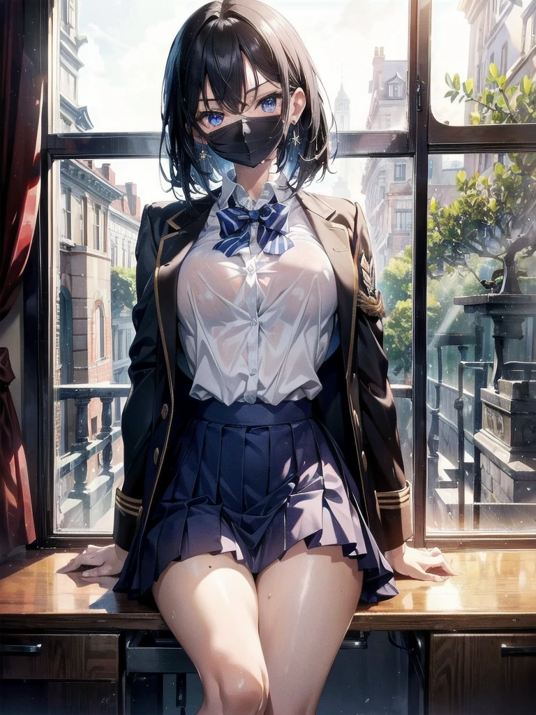 absurdres, RAW photo, extremely delicate and beautiful, masterpiece, Best Quality, ultra high resolution, 32k, hyperrealistic, ultra-detailed, perfect anatomy, super Detailed skin, perfect figure, Super Beauty, Perfect Style, Perfect balance, 20 years old, very Slim body, narrow waist, very small head, very small face, delicate facial features, detailed face, detailed eyes, tearful mole, earring, very huge round breasts, legs, medium hair, whole body shot, indoor, ((school_uniform)), blazer, wet clothes,