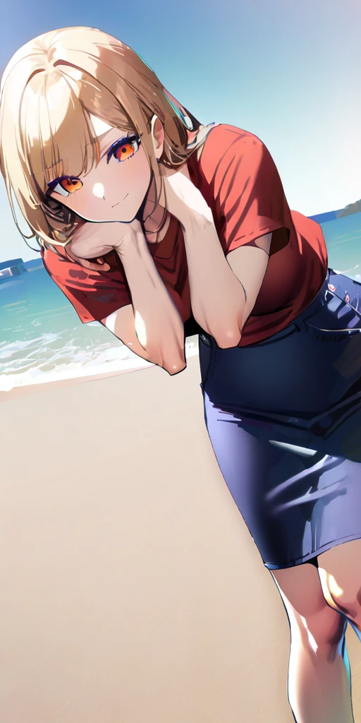 masterpiece,best quality,Arcueid,red eyes,short hair,1 girl,solo,skirt,breasts,looking at viewer,open mouth,white blouse,blue skirt,blouse,outdoor blouse,short blouse,big breasts,pleated skirt ,miniskirt,:d,day,beach,sand,sun,blush,