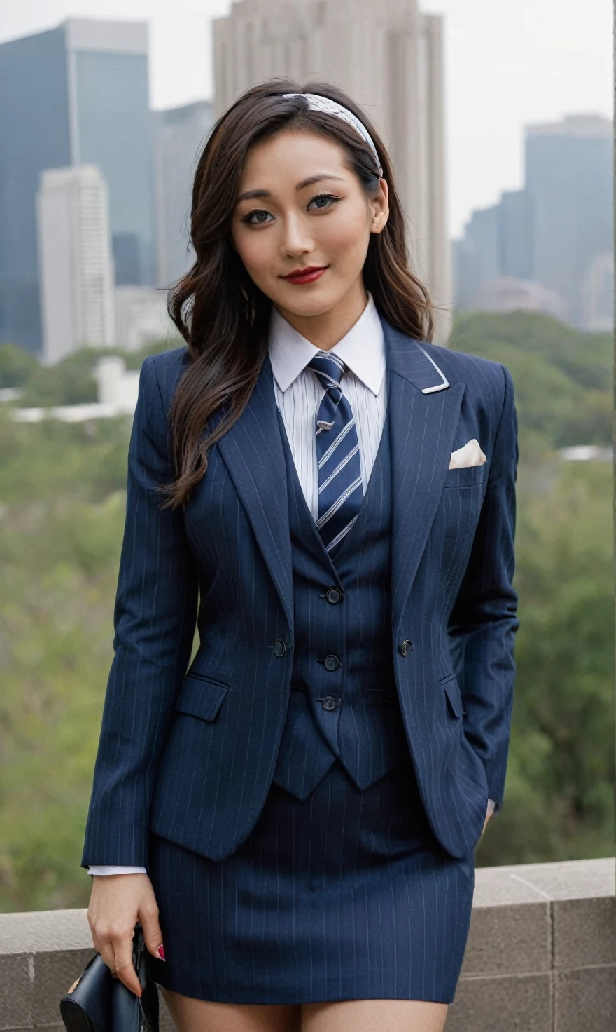 a beautiful picture of fukuharaXL ,woman,detailed skin texture,masterpiece, photorealistic, light, RAW color photo,(fully in frame:1.1), (blush:0.5), (goosebumps:0.5),(((navy pinstripe silk skirt suit))), (((three-piece suit))), (((light blue dress shirt with white collar))), (((necktie))), (((blazer))), (((suit jacket))), ((waistcoat)), double-breasted waistcoat, (((bodycon miniskirt))), pocket square, cufflinks, tie clip,detailed face,outdoors, (smile:0.5), film grain,cinematic lightning,fujifilm ,detailed eyes,camera, smile, office background, hair down, makeup, lipstick, mascara, eyeliner, eyeshadow, silky glossy hair, high heels, pinup pose, slender figure, hairband