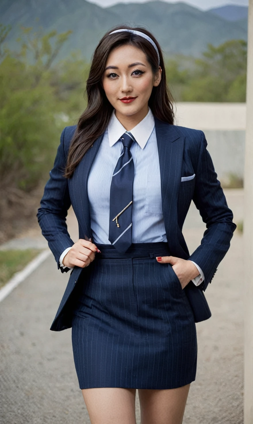 a beautiful picture of fukuharaXL ,woman,detailed skin texture,masterpiece, photorealistic, light, RAW color photo,(fully in frame:1.1), (blush:0.5), (goosebumps:0.5),(((navy pinstripe silk skirt suit))), (((three-piece suit))), (((light blue dress shirt with white collar))), (((necktie))), (((blazer))), (((suit jacket))), ((waistcoat)), double-breasted waistcoat, (((bodycon miniskirt))), pocket square, cufflinks, tie clip,detailed face,outdoors, (smile:0.5), film grain,cinematic lightning,fujifilm ,detailed eyes,camera, smile, office background, hair down, makeup, lipstick, mascara, eyeliner, eyeshadow, silky glossy hair, high heels, pinup pose, slender figure, hairband