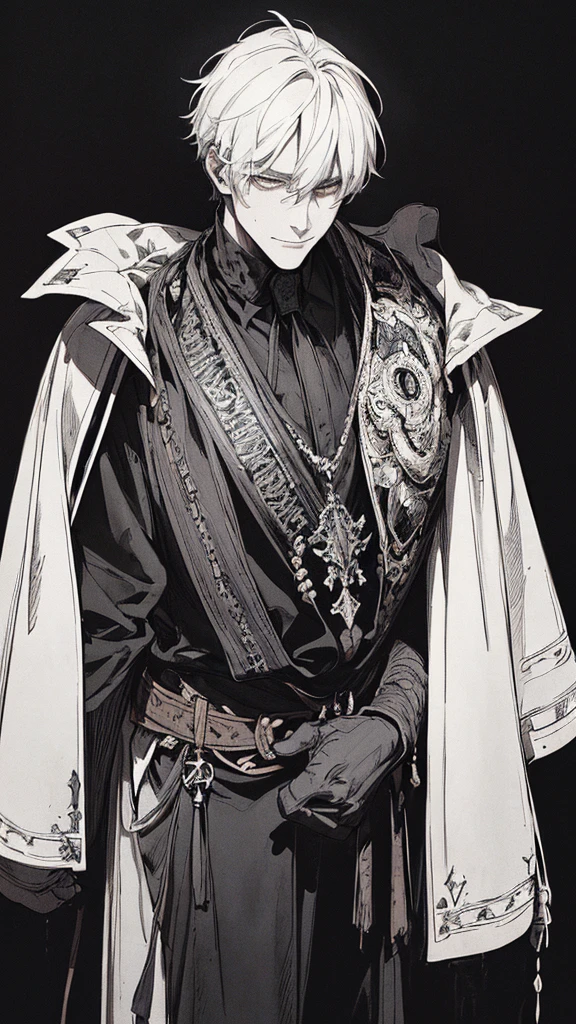Best quality, (background_detail), high_contrast, detail_original_illustration, warrior, muscular, villain face, armored, full_body, medieval, crease between eyes, young man, man in 20s, dark_stitch_landscape, (dramatic_lighting:1. 25), (shaded_background:1.2), black_hair, (short black hair:) 1.1 ), Large figure, Delicate face, Evil smile, Sharp eyes, Black background, (Black background:1.5), Beautiful line drawing, Black and white