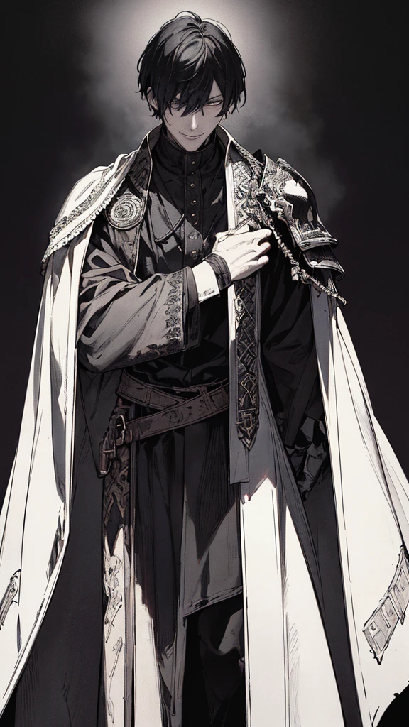 Best quality, (background_detail), high_contrast, detail_original_illustration, warrior, muscular, villain face, armored, full_body, medieval, crease between eyes, young man, man in 20s, dark_stitch_landscape, (dramatic_lighting:1. 25), (shaded_background:1.2), black_hair, (short black hair:) 1.1 ), Large figure, Delicate face, Evil smile, Sharp eyes, Black background, (Black background:1.5), Beautiful line drawing, Black and white