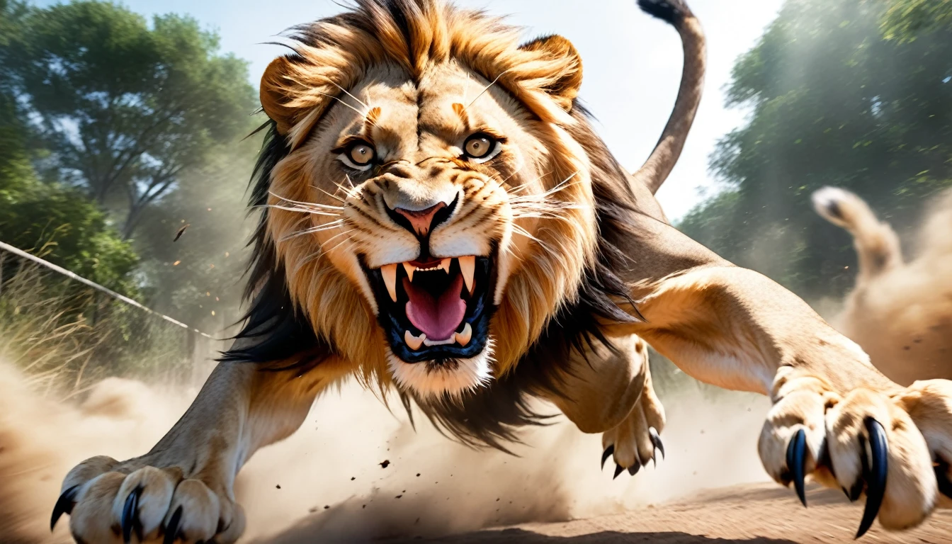 Realistic photos, RAW Photos, lion, attacks viewer, Powerful movements, jump on prey, ((Dynamic jump)), Sharp Claws, lion approaching from above, sudden approach, Bad-tempered, dynamic Shot from grand