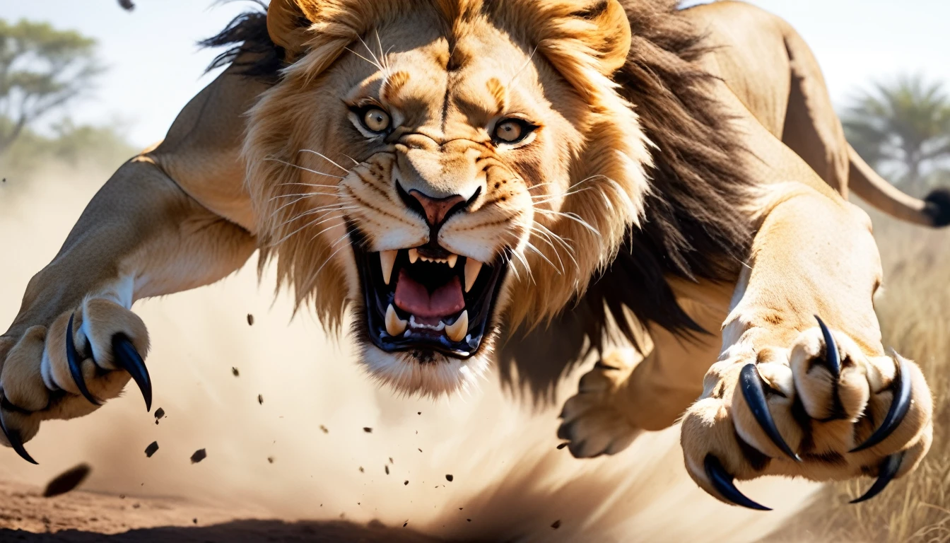 Realistic photos, RAW Photos, lion, attacks viewer, Powerful movements, jump on prey, ((Dynamic jump)), Sharp Claws, lion approaching from above, sudden approach, Bad-tempered, dynamic Shot from grand