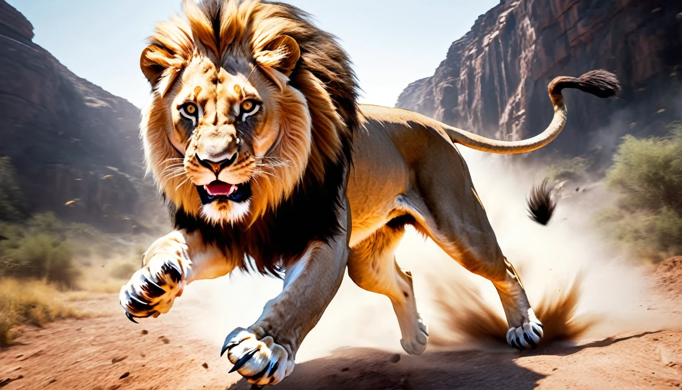 Realistic photos, RAW Photos, lion, attacks viewer, Powerful movements, jump on prey, ((Dynamic jump)), Sharp Claws, lion approaching from above, sudden approach, Bad-tempered, dynamic Shot from grand