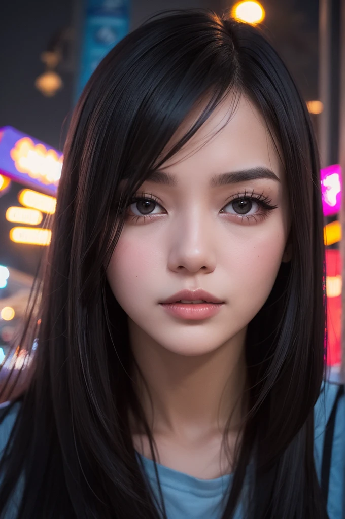 Woman, 24 years, long bob black hair, fleshy lips, In an amusement park at night, portraite, Instagram photo