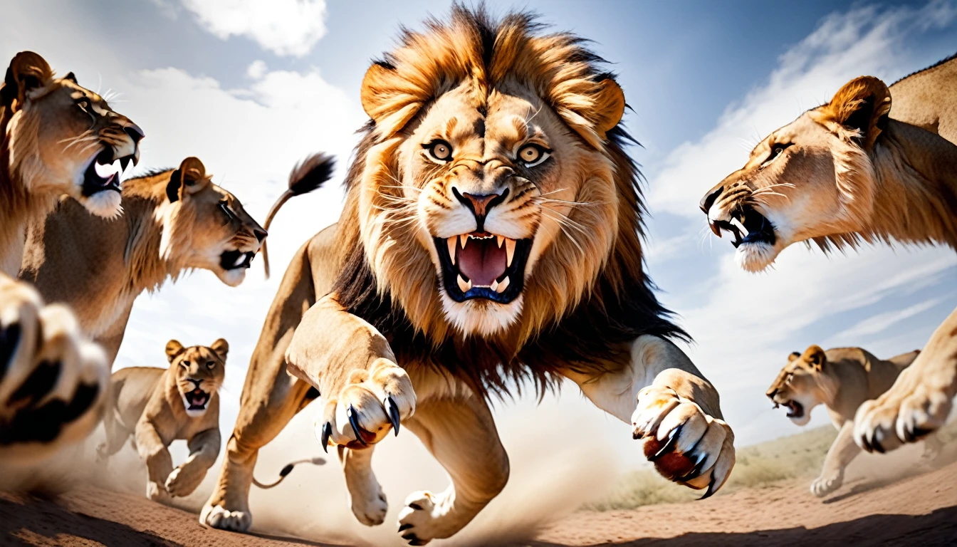 Realistic photos, RAW Photos, lion, attacks viewer, Powerful movements, jump on prey, ((Dynamic jump)), Sharp Claws, lion approaching from above, sudden approach, Bad-tempered, dynamic Shot from grand