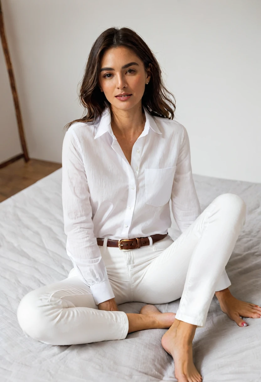 A woman in a white shirt and white pants sitting on a bed