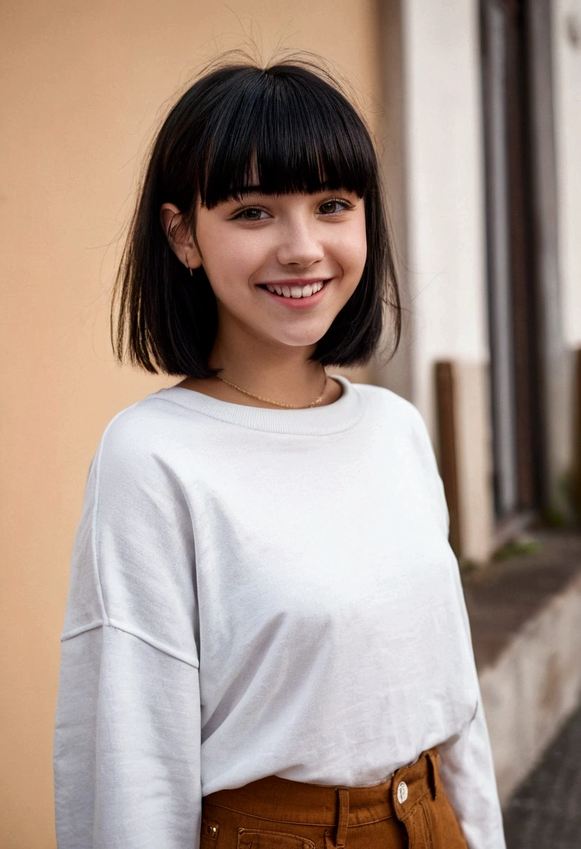Trendy clothing,Trendy hairstyles,short bangs,black hair,highest quality,age,NSFW,Changing clothes,young girl,smile,