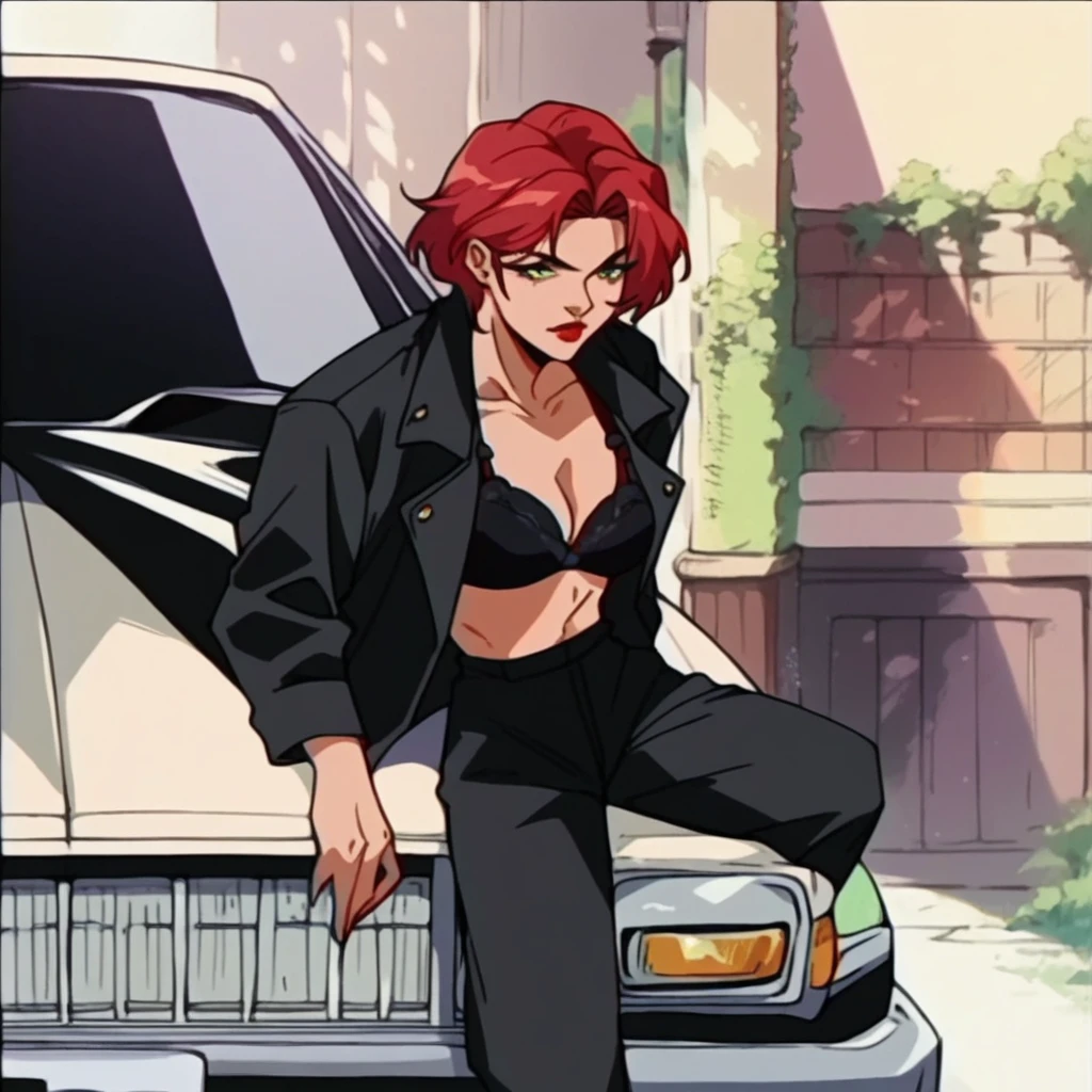 beautyfull red hair woman, short hair, mature, slender body, black jacket, black pants, black bra, red lipstick, green eyes, in the side of a purple car