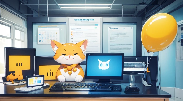 Making a homepage with WordPress. Cheerful, smiling, one cute animal is operating a computer. Bright computer room. Illustration.