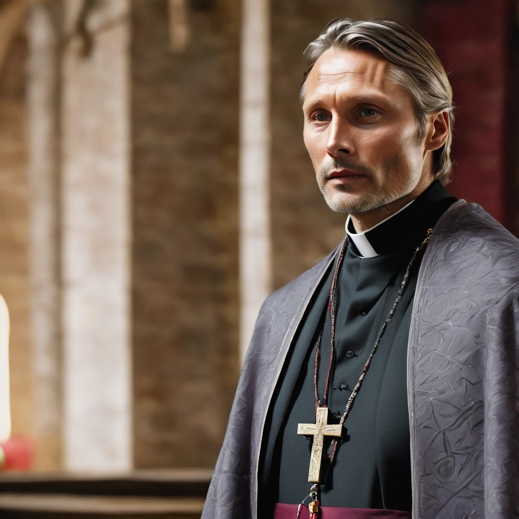Mads Mikkelsen as a priest, 45 years old, portrait, focus on the face