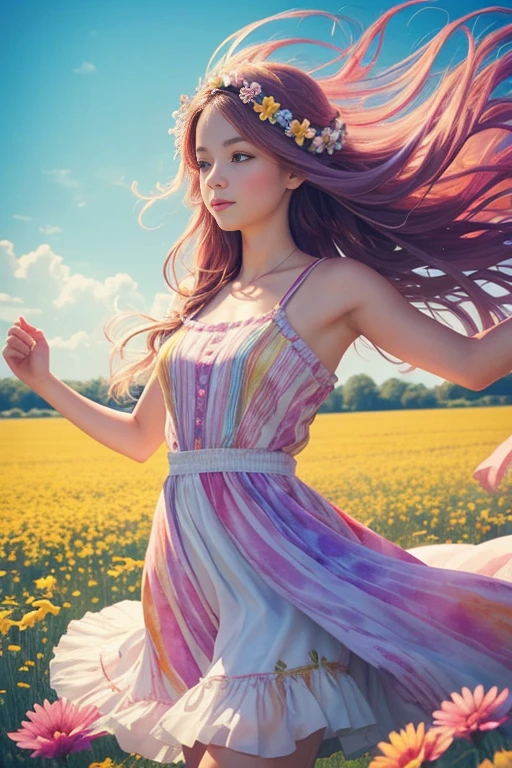 A whimsical girl with long, flowing hair made of flowers, dancing in a field of vibrant colors. Rendered in a dreamy, watercolor style.