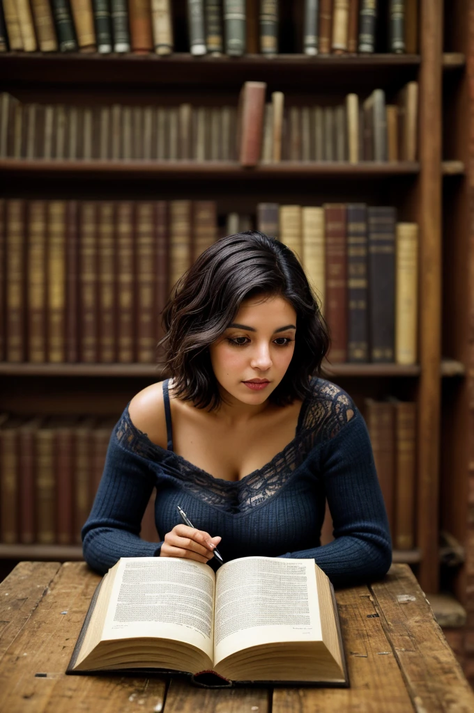 Produce a high-resolution image of a Mexican woman, black, 28 years old, with short hair, using a Nikon camera. She is in an old library in Buenos Aires, sitting at a reading table, concentrated on a book. Highlight its natural elegance and the surrounding historic environment