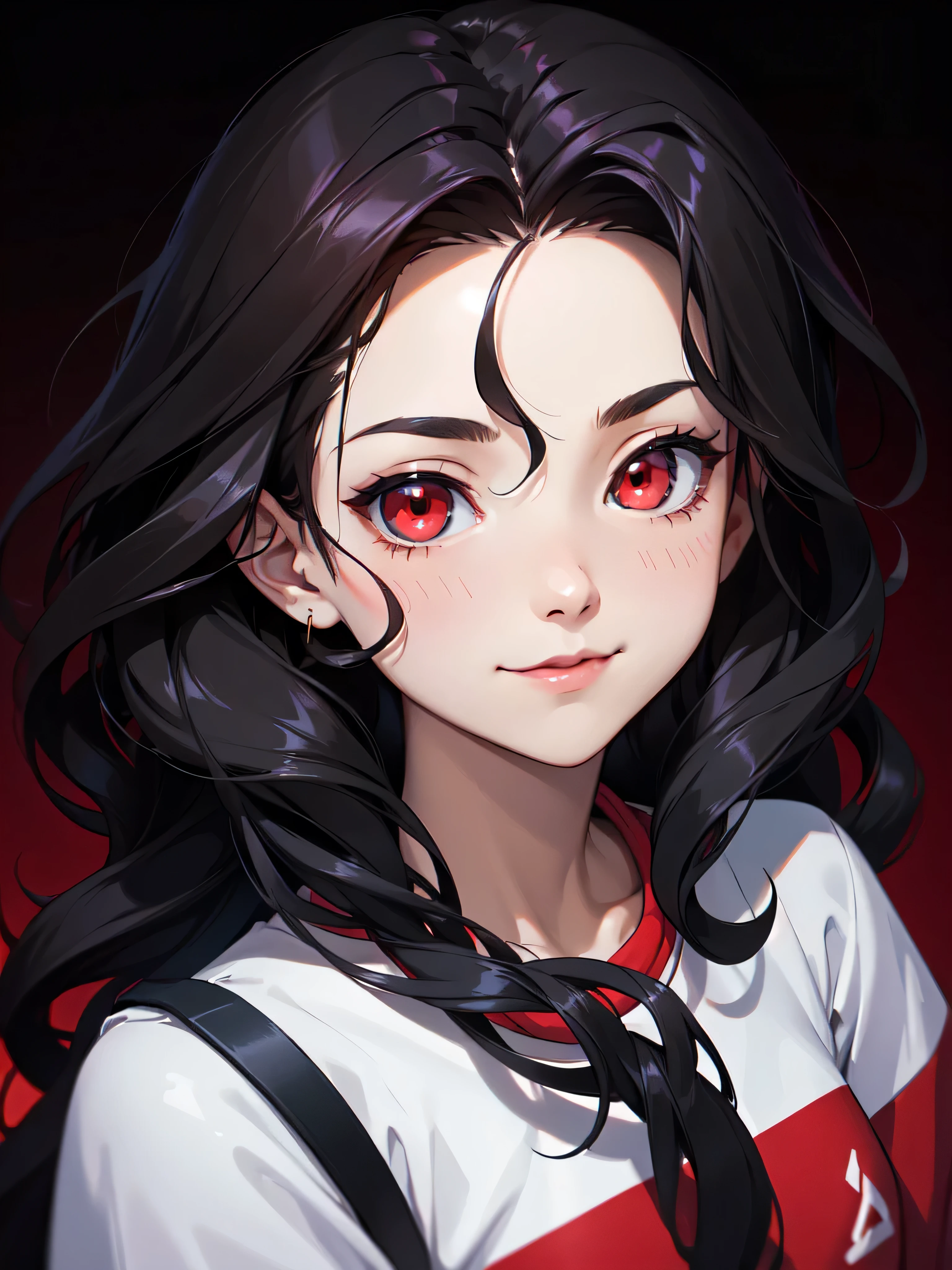 (((Portrait Photo))), She is a Young Girl with a Small, Athletic Build, and a Youthful Charm. She has Long, Black Hair, Styled in Loose Waves that Flow Wildly. Her Intense Red Eyes Express a Cheerful and Dummy Look, Giving Off a Immature Attitude. She Usually Wears an Oversized, Baggy Red Cropped Sweatshirt. (((High Quality, Dark Background))), (((Portrait Photo)))