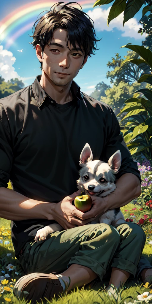 {
"A two-year-old boy sitting in a lush, green, and flower-filled garden. He is holding an apple in his left hand and taking a bite out of it. It is a sunny day with a rainbow in the background, and there is a black and white painted dog behind him.",
"size": "1024x1024"
}