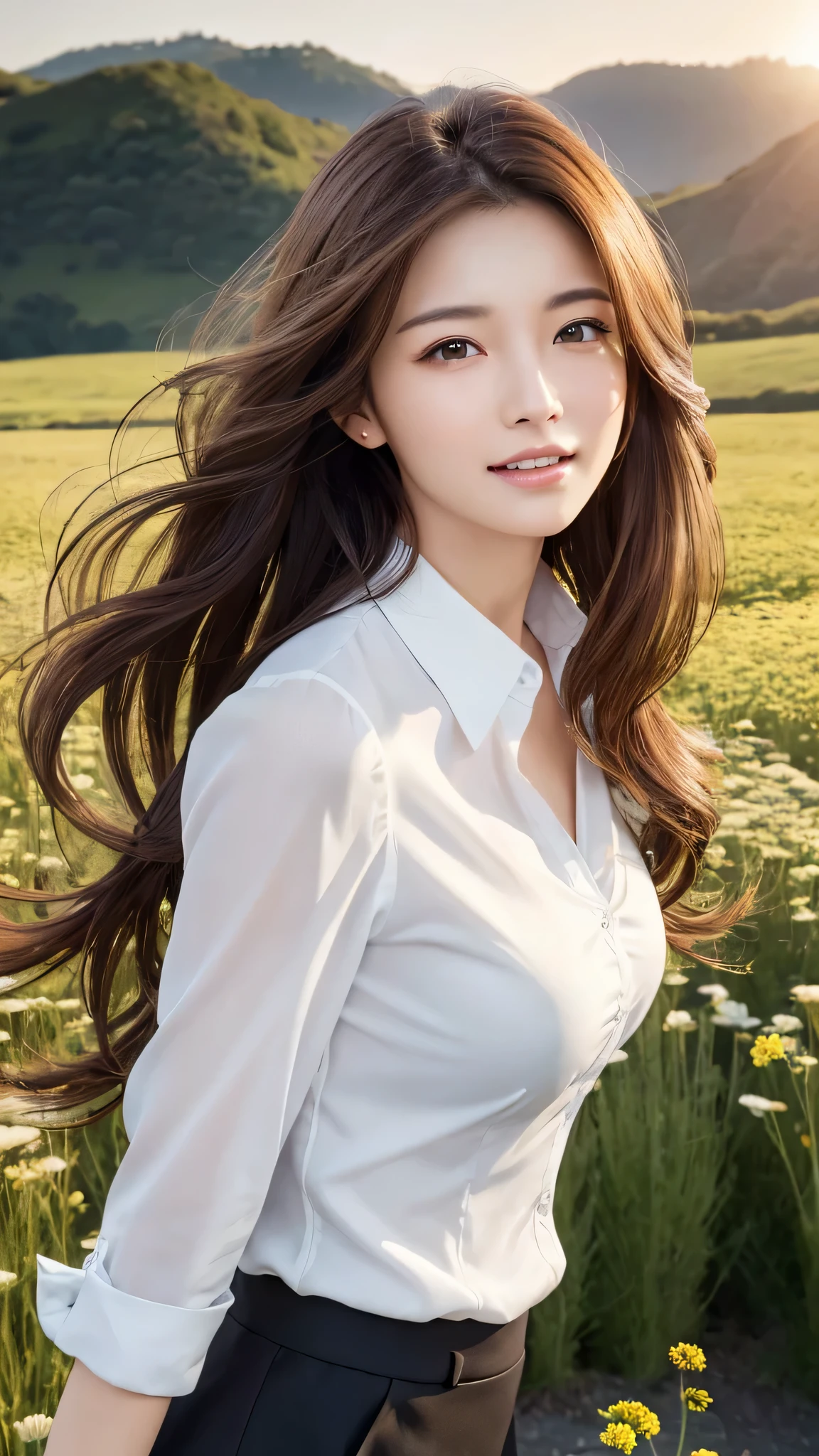 highest quality、genuine、Super detailed、finely、High resolution、8k wallpaper、one beautiful woman、、、light brown disheveled hair、wearing a business suit、sharp focus、perfect dynamic composition、beautiful and detailed eyes、thin hair、Detailed genuine skin texture、smile、model body shape、In a windswept meadow