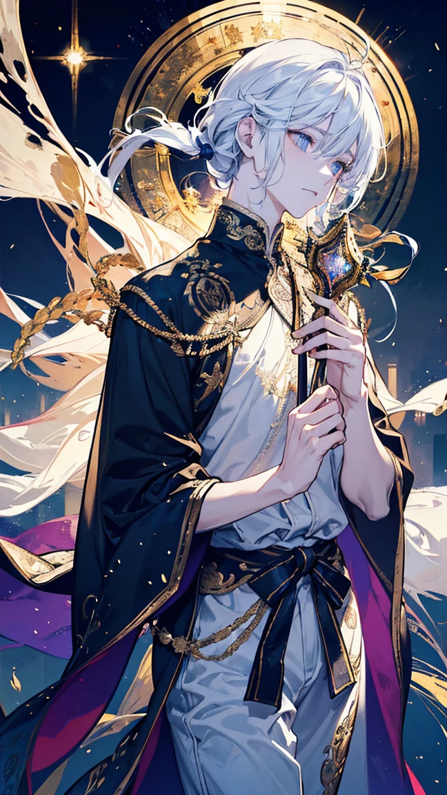 Man, Boy, Boy in late 20s, Man, BOY Create a highly detailed and majestic image of A Deity, God, White hair, White Eyes, White Pupil, the supreme ruler of the deities. He should be depicted as a powerful, radiant figure exuding an aura of divine authority. Indra has a tall, imposing stature with a commanding presence. His skin glows with an ethereal light, and his eyes are luminous, reflecting ancient wisdom and immense power. He wears a magnificent, golden crown adorned with intricate celestial patterns and glowing jewels. His long, flowing hair is dark and seems to shimmer with light. Indra's attire is elaborate, consisting of flowing robes made of shimmering, otherworldly fabric that looks like it's woven from pure light. The robes are decorated with celestial symbols and intricate designs that signify his supreme status. In his hand, Indra holds a glowing staff or scepter that radiates a brilliant light, symbolizing his control over cosmic forces. Surrounding him is a celestial backdrop featuring swirling galaxies, twinkling, 8K high quality, ultra defined, masterpiece, Golden Armor, Man, Strong, Celestial being, ultra high quality, masterpiece