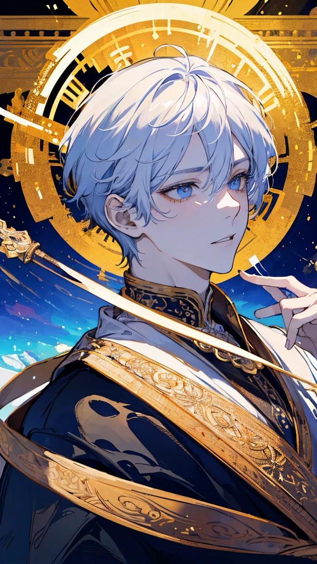 Man, Boy, Boy in late 20s, Man, BOY Create a highly detailed and majestic image of A Deity, God, White hair, White Eyes, White Pupil, the supreme ruler of the deities. He should be depicted as a powerful, radiant figure exuding an aura of divine authority. Indra has a tall, imposing stature with a commanding presence. His skin glows with an ethereal light, and his eyes are luminous, reflecting ancient wisdom and immense power. He wears a magnificent, golden crown adorned with intricate celestial patterns and glowing jewels. His long, flowing hair is dark and seems to shimmer with light. Indra's attire is elaborate, consisting of flowing robes made of shimmering, otherworldly fabric that looks like it's woven from pure light. The robes are decorated with celestial symbols and intricate designs that signify his supreme status. In his hand, Indra holds a glowing staff or scepter that radiates a brilliant light, symbolizing his control over cosmic forces. Surrounding him is a celestial backdrop featuring swirling galaxies, twinkling, 8K high quality, ultra defined, masterpiece, Golden Armor, Man, Strong, Celestial being, ultra high quality, masterpiece
