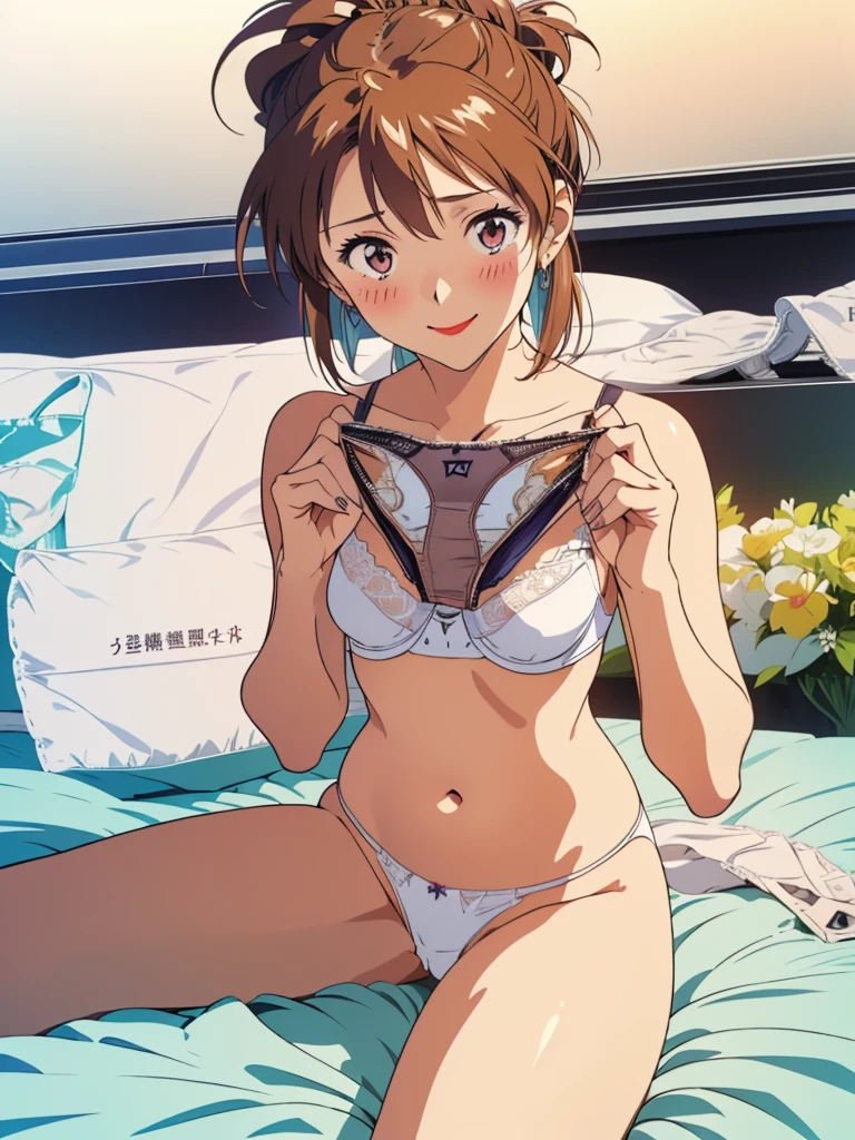 masterpiece, top quality, ultra detailed, ((((AIKA_SUMERAGI, folded ponytail, best anatomy, in underwear, (panties, elaborately designed luxury panties for adults, panties high definition images, draw panties with super precision), lace trimmed bra, extremely detailed texture, earrings, red lip, embarrassed, blush, smile)))), cowboy shot, (((underwear in bed room))), white skin, (presenting panties), (display panties),holding panties with both hands,(panties taken off:1.5), (3panties are on bed:2.0), from above