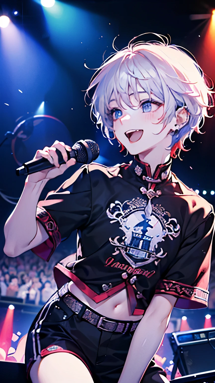((cute,kawaii,wonderland)),(Shy laugh、🥺),(Microphone Performance、Fansa:1.25),((Men's,Two men facing each other:1.2)),((Live Stage:1.25)),((Punk clothing:1.25)),((Male idols:1.15)),Looking up,((Live Stage:1.25)),(Short Hair:1.3),((red、White、Light、black:1.1)),