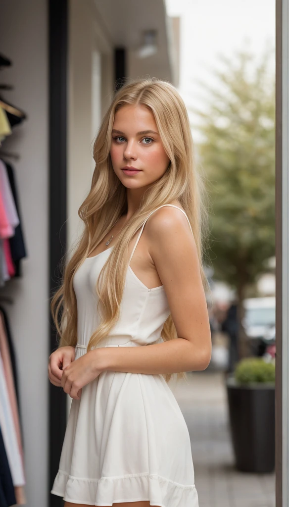 A photorealistic portrait of a 19-year-old Swedish girl with long, flowing blonde hair, striking green eyes, and tanned skin. She should have a natural, approachable expression and be illuminated by soft, golden-hour sunlight. The background should be the interior of a clothing store, with the girl choosing dresses. Capture this image with a high-resolution photograph using an 85mm lens for a flattering perspective