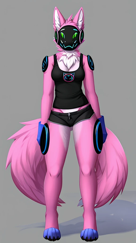 Furry kitsune wolf protogen     female anthropomorphic hot pink  fur green  eyes blue ears wearing a black tank top and black shorts  medium breast size 