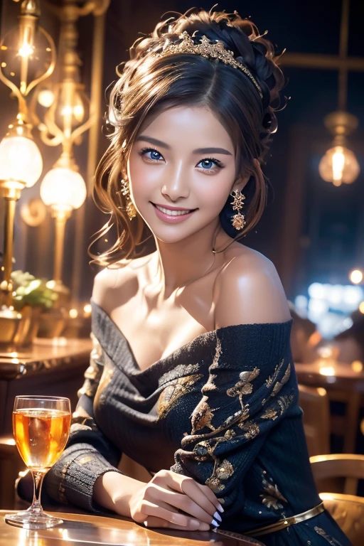 (((Masterpiece))),(((Super Detail))),(((in 8K))),(((best composition))),(((Rim lighting,Fireglow effect,deep shadow))),solo),Beautiful fingers,Detailed finger features,(Detailed hair features:1.7),(Dynamic and sexy bending pose:1.3),detailed facial features,detailed clothes features, (perky chest:1.1), (pointed chest:1.3), delicate beautiful face, Bright blue eyes, cute eyes, sparkling eyes, Big eyes, beautiful detailed eyes,double bun with glittering hair ornament:0.6,(super detailed glossy skin:1.3),slender body,goddess smile,((with sparkling eyes and a contagious smile)),beautiful posture,silver bronde hair, blue eyes, dress, bare shoulders,collarbone, sidelocks, hairband, earrings with jewelry, off shoulder sweater dress, arms behind back:0.4, air plant, long hair with long locks, gold hairband, off-shoulder dress, sweater dress, off-shoulder sweater, red sweater, big side hair, very long side hair,(super delicate floral pattern:1.2),seductive cleavage:1.3,beautiful glossy legs,shiny red high heels,lifting dishes with cup of a coffee,french restaurant,hustle and bustle,rising steam,(((depth of fields)))