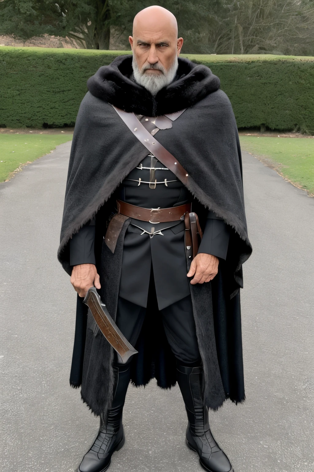 Man, 70 years old, exuding strength for his age, his immense bald head is speckled with age spots, a shaggy grey beard covering much of his chest, a fierce expression etched into his weathered face. Standing at a normal height, he dons a cloak made of thick, black fur, its edges frayed with time. The cloak falls to his knees, revealing a black wool doublet adorned with silvered bear-claw fastenings. Pairing this with black breaches, he carries an air of authority. A large sword is constant on his back, its blade gleaming menacingly under the sunlight. Perched upon his shoulder, there's