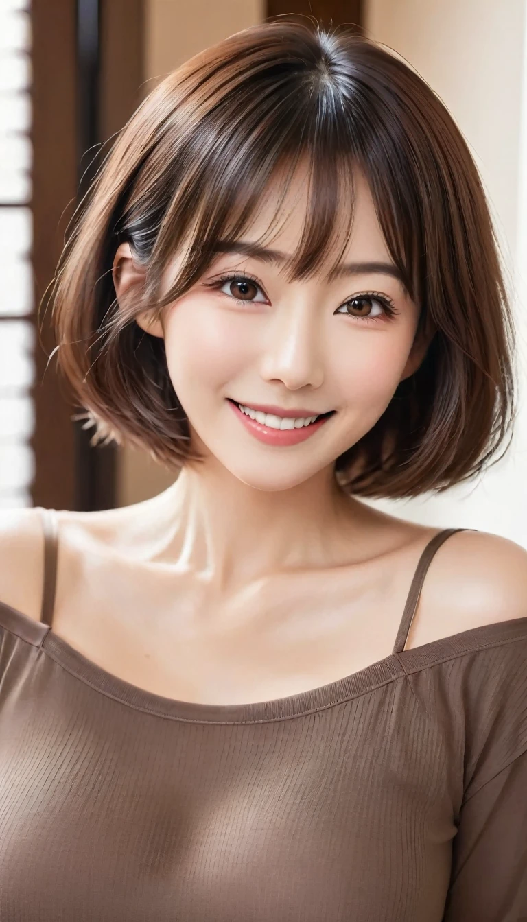 Beautiful 30 year old Japanese woman、Cowboy Shot、、One-length short bob cut、Dark brown eyes、detailedな目、detailedな虹彩、detailedな顔、Brown Hair Color、Beautiful Hair、Big smile (Facing the viewer)、Off-the-shoulder plain T-shirt、Long skirt、Perfect business makeup、Glossy Lips、Shooting in front of the door、Portrait、Exquisite details、Depth of written boundary、(detailedな顔: 1.2)、(detailedな目: 1.2)、(detailedな背景)、(Gradation)、Shiny skin、Sharp focus、8k、uhd、high quality、Exquisite details、非常にdetailedな、Captivating silhouette、(Very beautiful face: 1.2)、Facing the viewer、Mature Woman、Mature Woman、((Center image))、detailed、masterpiece、Full body photo、