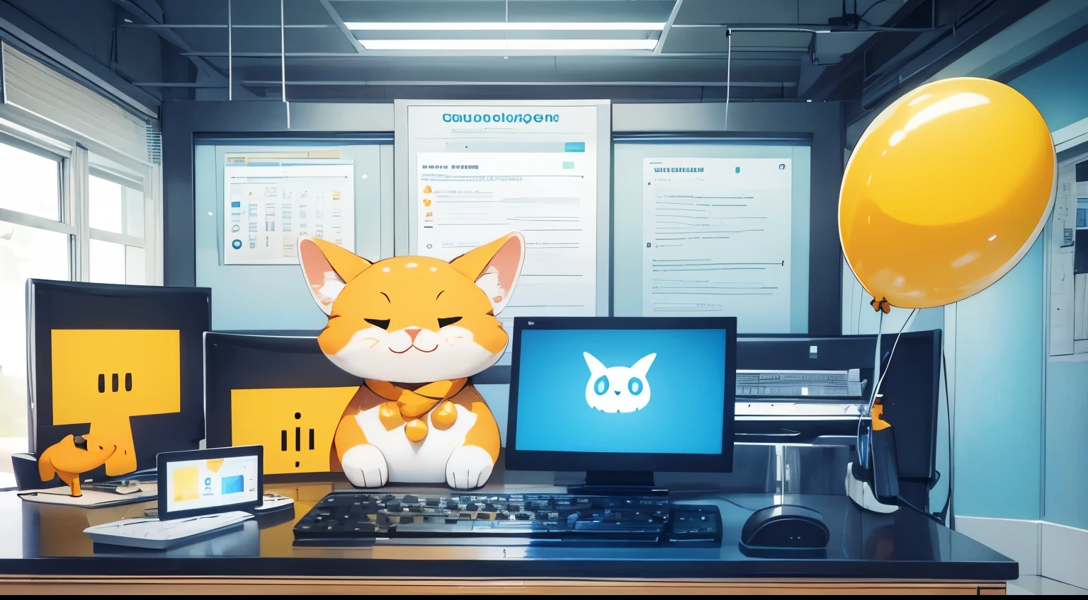 Making a homepage with WordPress. Cheerful, smiling, one cute animal is operating a computer. Bright computer room. Illustration.