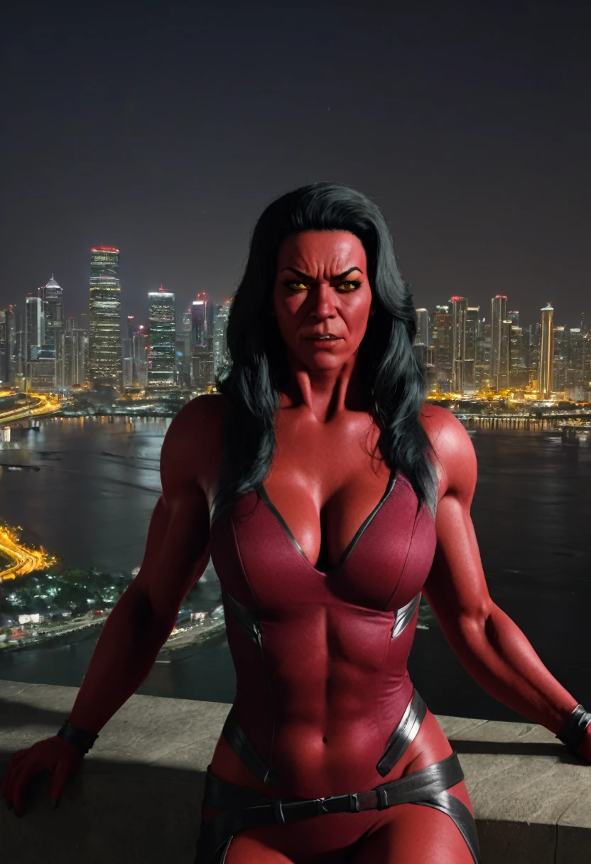 RedSheHulk, yellow eyes, red skin, 
cityscape, night,  
smug,