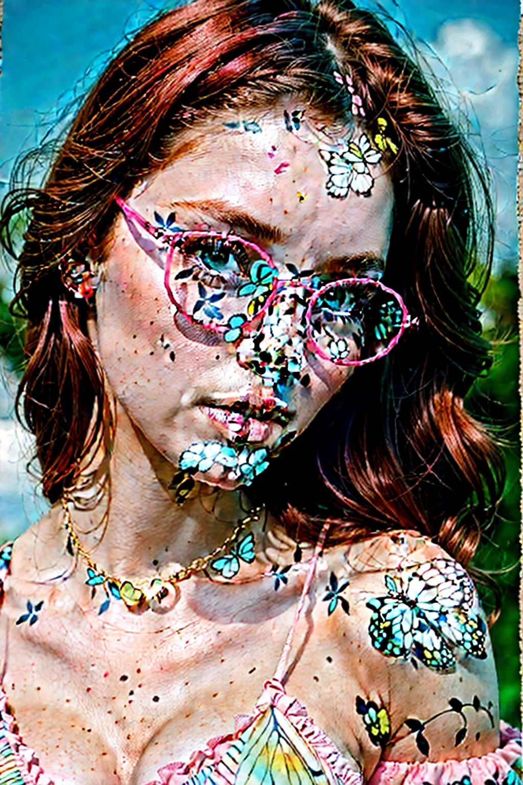 **Analog photography of a redhead girl, 18 years old, with blue eyes, soft makeup, and bold pink puffy lips. Her curly hair frames her very pale skin, highlighting her huge round breasts, she is dressed in a lingerie-set, and gold-wide chains. Oversized eyeglasses(that frame her face), and wears platform-heels on feet.** She is captured on a cute print-blanket, (her mouth is slightly open, her lips almost touching her shoulder), Ethereal atmosphere, The fine art style, attention to details and soft pastel color palette creates a narrative that's both enchanting and delightful. Second Exposure: An overlay of a BUTTERFLIES Description: ((The double exposure creates a magical blend where the girl appears to be part of the natural BUTTERFLIES flowers-symbolizing the harmony between humanity and nature. The Chemistry-print background give the image a scientific-like quality)). ((from the above view)). (((in a NEON pink/INDIGO colors palette theme))) ((CLOSE UP SHOT, WITH HER BOLD PINK LIPS)), ((FROM THE ABOVE VIEW))