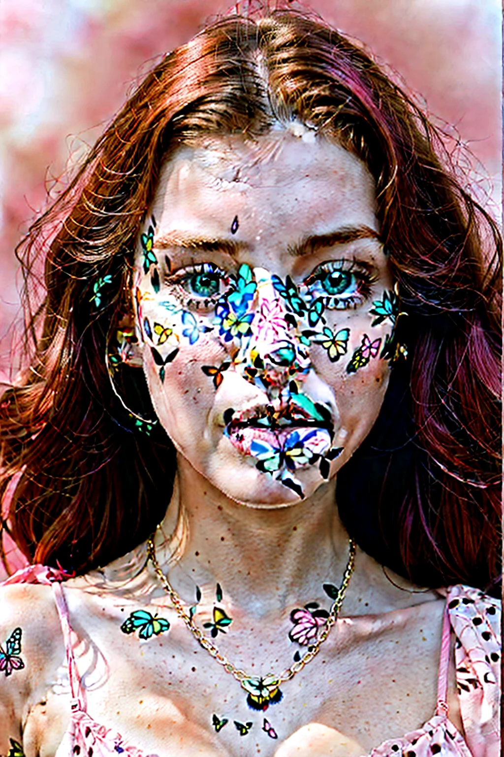 **Analog photography of a redhead girl, 18 years old, with blue eyes, soft makeup, and bold pink puffy lips. Her curly hair frames her very pale skin, highlighting her huge round breasts, she is dressed in a lingerie-set, and gold-wide chains. Oversized eyeglasses(that frame her face), and wears platform-heels on feet.** She is captured on a cute print-blanket, (her mouth is slightly open, her lips almost touching her shoulder), Ethereal atmosphere, The fine art style, attention to details and soft pastel color palette creates a narrative that's both enchanting and delightful. Second Exposure: An overlay of a BUTTERFLIES Description: ((The double exposure creates a magical blend where the girl appears to be part of the natural BUTTERFLIES flowers-symbolizing the harmony between humanity and nature. The Chemistry-print background give the image a scientific-like quality)). ((from the above view)). (((in a NEON pink/INDIGO colors palette theme))) ((CLOSE UP SHOT, WITH HER BOLD PINK LIPS)), ((FROM THE ABOVE VIEW))
