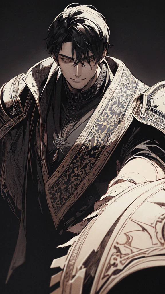 Best quality, (background_detail), high_contrast, detail_original_illustration, warrior, muscular, villain face, armored, full_body, medieval, crease between eyes, young man, man in 20s, dark_stitch_landscape, (dramatic_lighting:1. 25), (shaded_background:1.2), black_hair, (short black hair:) 1.1 ), Large figure, Delicate face, Evil smile, Sharp eyes, Black background, (Black background:1.5), Beautiful line drawing, Black and white