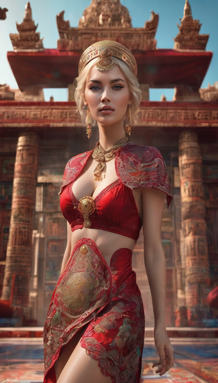full shot (full body),Real full picture of Most beautiful attractive (blond)  model  wearing -red full covered lace Chemise having colorful hieroglyphic detailed writings, high resolution, scarabs, 8k,,  , mockup, ultra hd, realistic, vivid colors, highly detailed, UHD drawing, pen and ink, perfect composition, beautiful detailed intricate insanely detailed octane render trending on artstation, 8k artistic photography, photorealistic concept art, soft natural volumetric cinematic perfect light, perfect body,  temple background