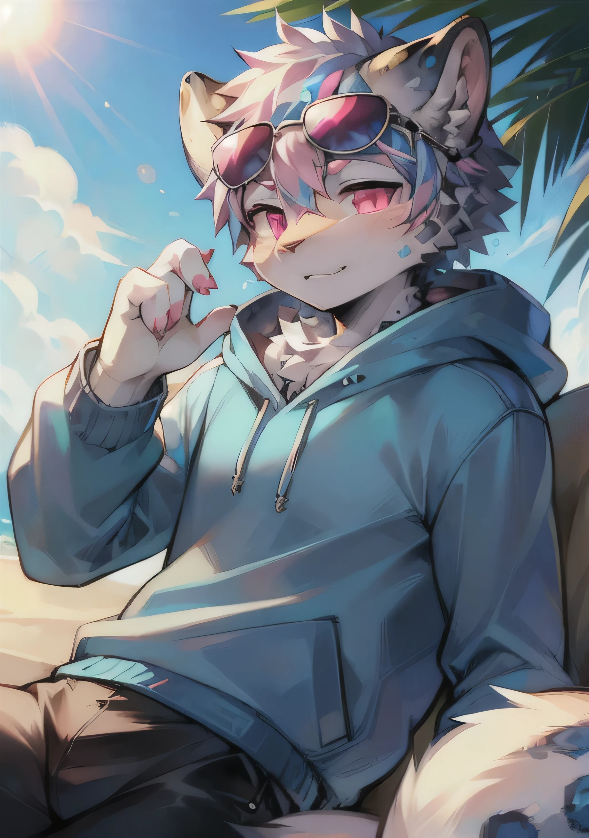 Snow leopard, male, anthro, wears light blue hoodie, pink eyes, sunglasses on head, sunny day, best quality, Masterpiece