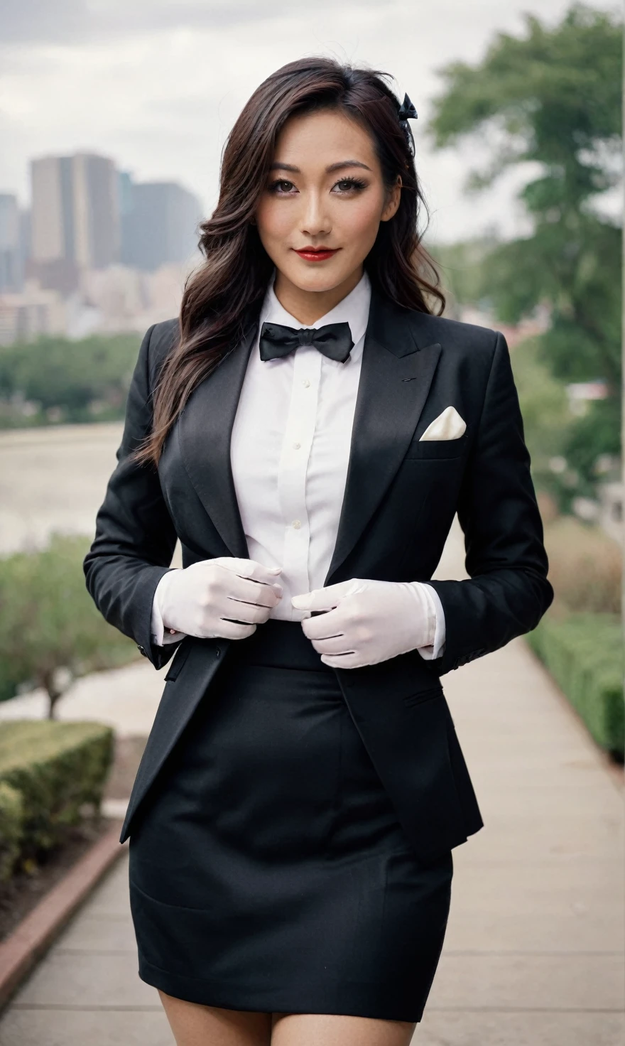 a beautiful picture of fukuharaXL ,woman,detailed skin texture,masterpiece, photorealistic, light, RAW color photo,(fully in frame:1.1), (blush:0.5), (goosebumps:0.5),(((black silk skirt suit))), (((three-piece suit))), (((tuxedo))), (((dress shirt))), (((black bowtie))), (((black blazer))), (((dinner jacket))), (((waistcoat))), double-breasted waistcoat, (((bodycon miniskirt))), pocket square, cufflinks, white gloves,detailed face,outdoors, (smile:0.5), film grain,cinematic lightning,fujifilm ,detailed eyes,camera, smile, office background, hair down, makeup, lipstick, mascara, eyeliner, eyeshadow, silky glossy hair, high heels, pinup pose, slender figure