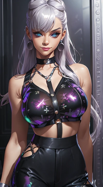 ((best quality, masterpiece)), detailed, realistic, 1woman, cool, fancy sleeveless floral print sexy sequin cropped top, stylish pants, choker, long stylish platinum silver hair, dark shades, smug smile