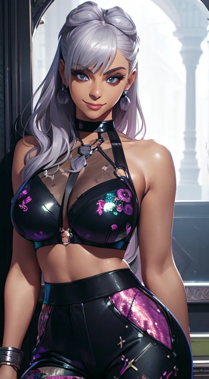 ((best quality, masterpiece)), detailed, realistic, 1woman, cool, fancy sleeveless floral print sexy sequin cropped top, stylish pants, choker, long stylish platinum silver hair, dark shades, smug smile