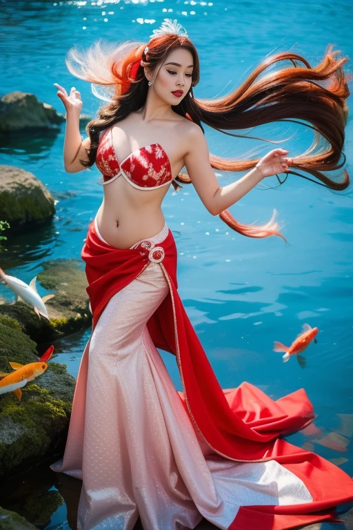 Fishtail Mermaid,Big koi,Lots of koi,Koi fish of different colors and styles、Four white koi carps,Polka dot five color koi、Orange Gold Koi、Red and white koi、Meikai light yellow brocade,Peach Blossom,avatar. A realistic and detailed belly dancer gracefully performing on the shimmering surface of the tranquil sea, surrounded by gentle waves, leaving ripples in her wake
