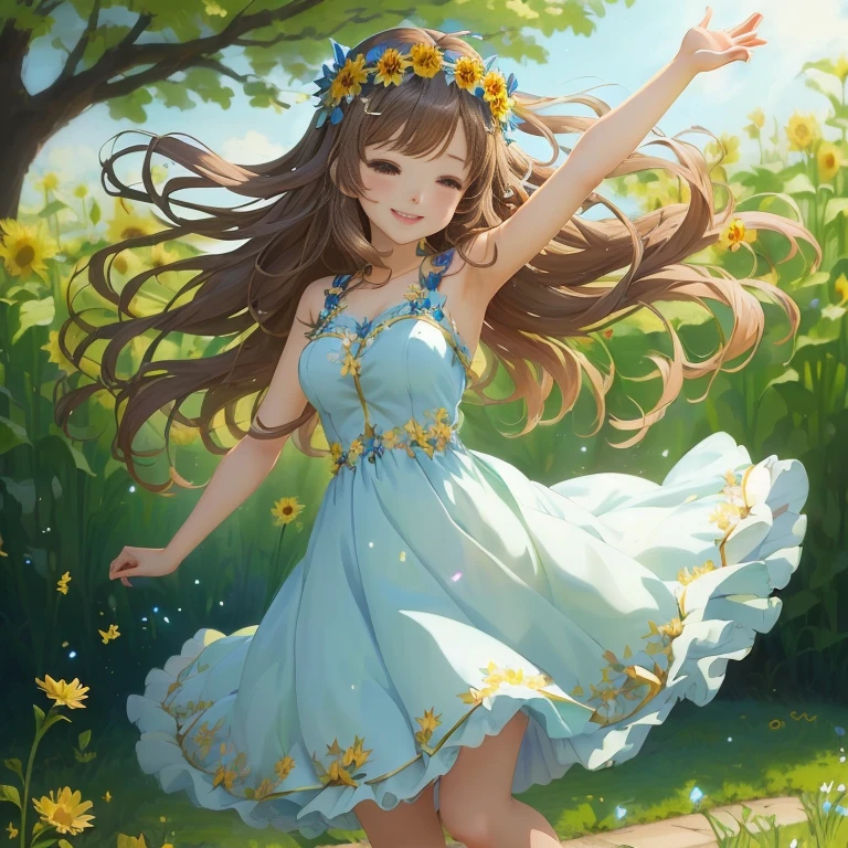 anime girl in a blue dress with a flower crown on her head, girl dancing in a flower field, smiling as a queen of fairies, cute anime waifu in a nice dress, beautiful sunflower anime girl, in dress, smiling and dancing, beautiful anime girl, pixiv contest winner, goddess of spring, beautiful maiden, smooth anime cg art, beautiful anime