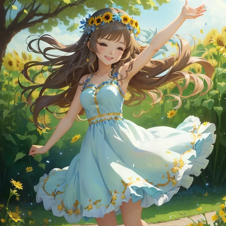 anime girl in a blue dress with a flower crown on her head, girl dancing in a flower field, smiling as a queen of fairies, cute anime waifu in a nice dress, beautiful sunflower anime girl,  in dress, smiling and dancing, beautiful anime girl, pixiv contest winner, goddess of spring, beautiful maiden, smooth anime cg art, beautiful anime