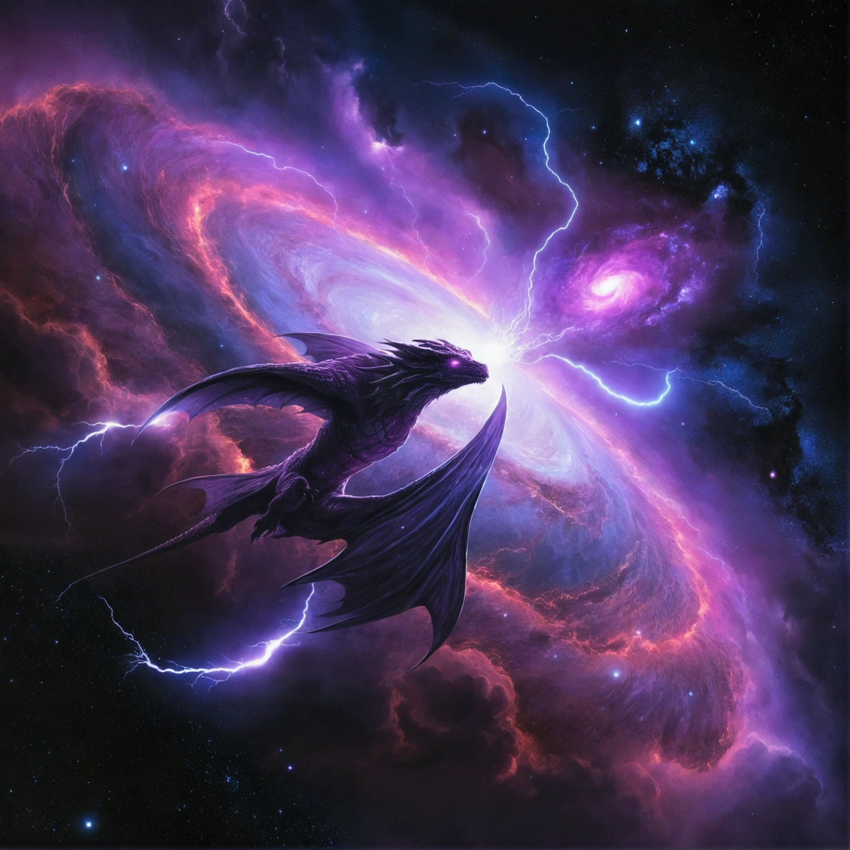 amazing space creature 4k, attacking through a, epic fantasy science fiction illustration, fractal trovão dan mumford, cosmic horror entity with wings, epic science fiction fantasy art, storm dragon, is being drawn into a black hole, coming out of a black hole, lightning dragon attack, Galactic Entity